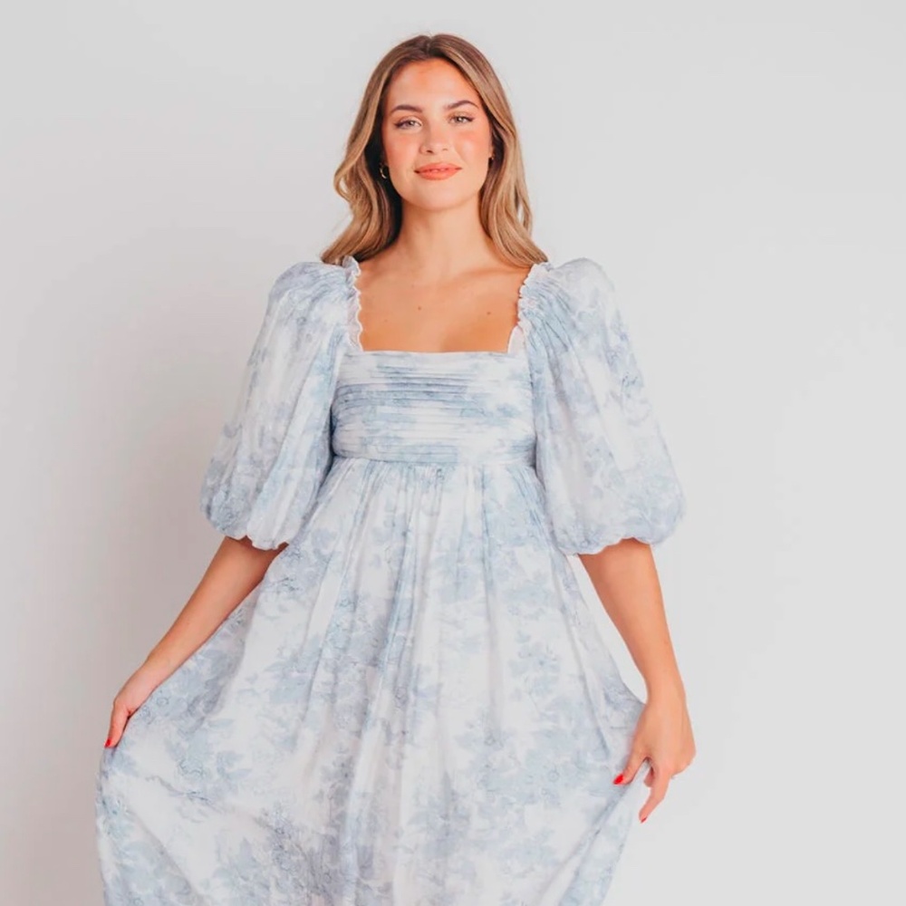 Melody Maxi Dress with Pleats and Bow Detail in Blue Floral- Bump Friendly